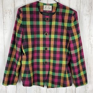 Le Suit Blazer Women’s Size 14 Wool Blend Multicolor Plaid 4-Button Jacket